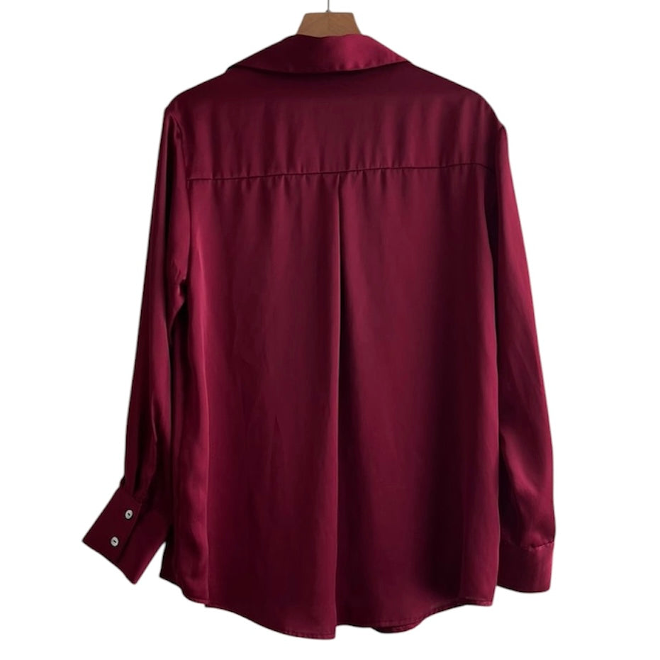 Blusa manga larga satin burgundy Stradivarius- Talla XS