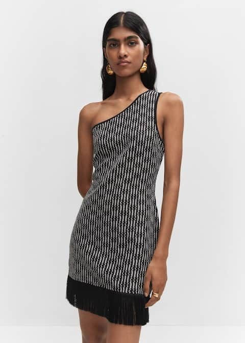 Vestido asimétrico de hilo negro y blanco con etiqueta Mango - Talla M