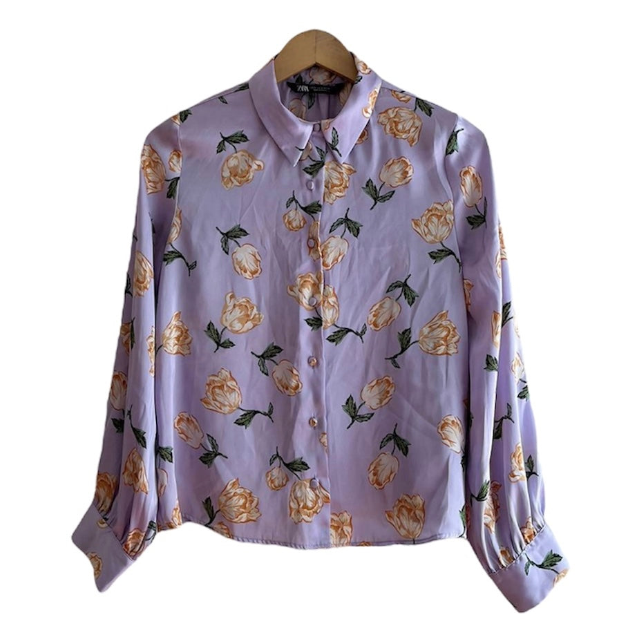 Blusa lila manga larga flores Zara - Talla S
