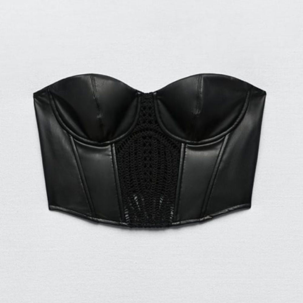 Top cuero y encaje negro Zara - Talla S