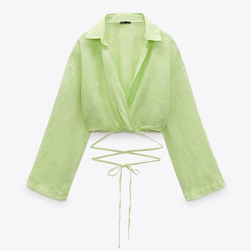 Blusa verde lima zara manga larga para amarrar