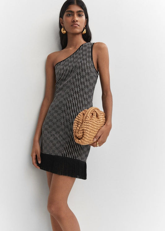 Vestido asimétrico de hilo negro y blanco con etiqueta Mango - Talla M