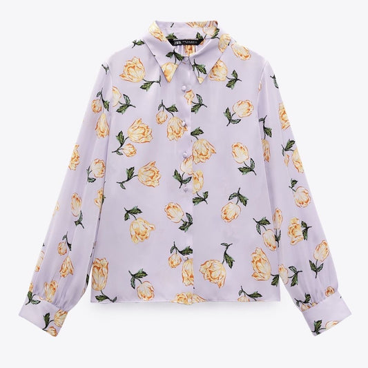 Blusa lila manga larga  flores Zara - Talla S