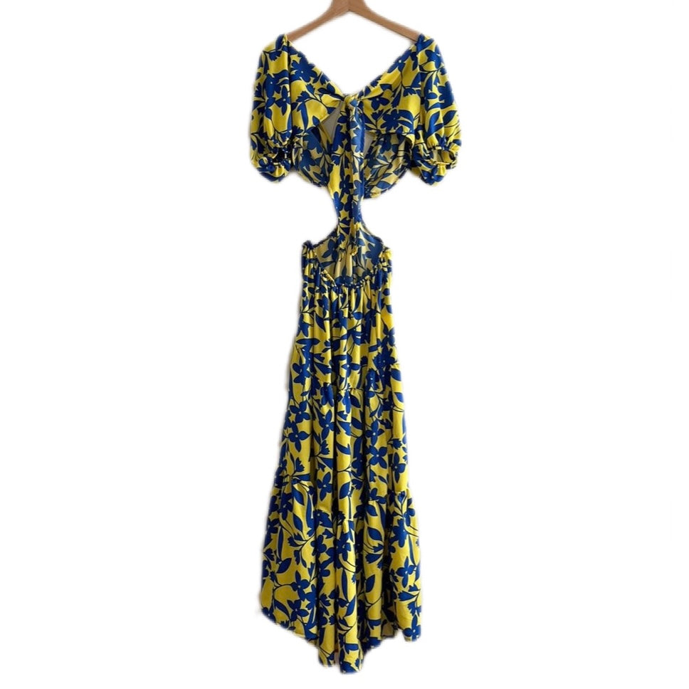 Vestido largo aro amarillo con flores azules - Talla S