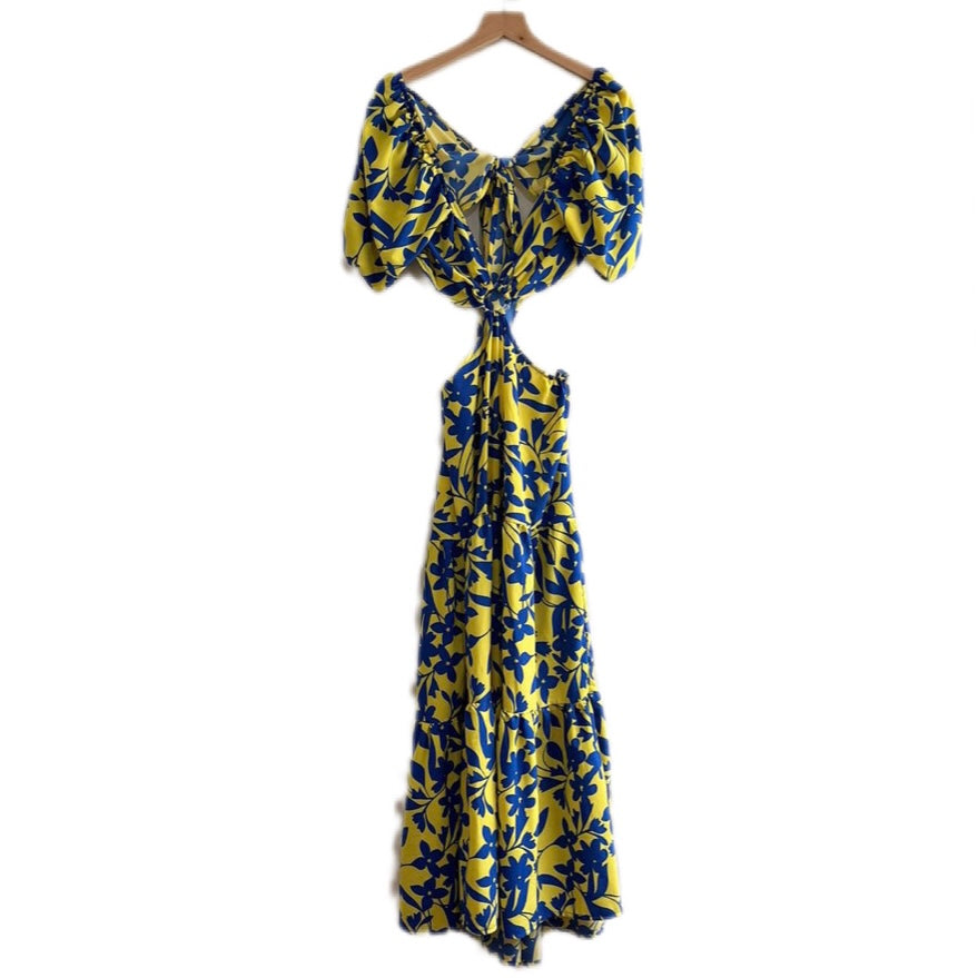 Vestido largo aro amarillo con flores azules - Talla S